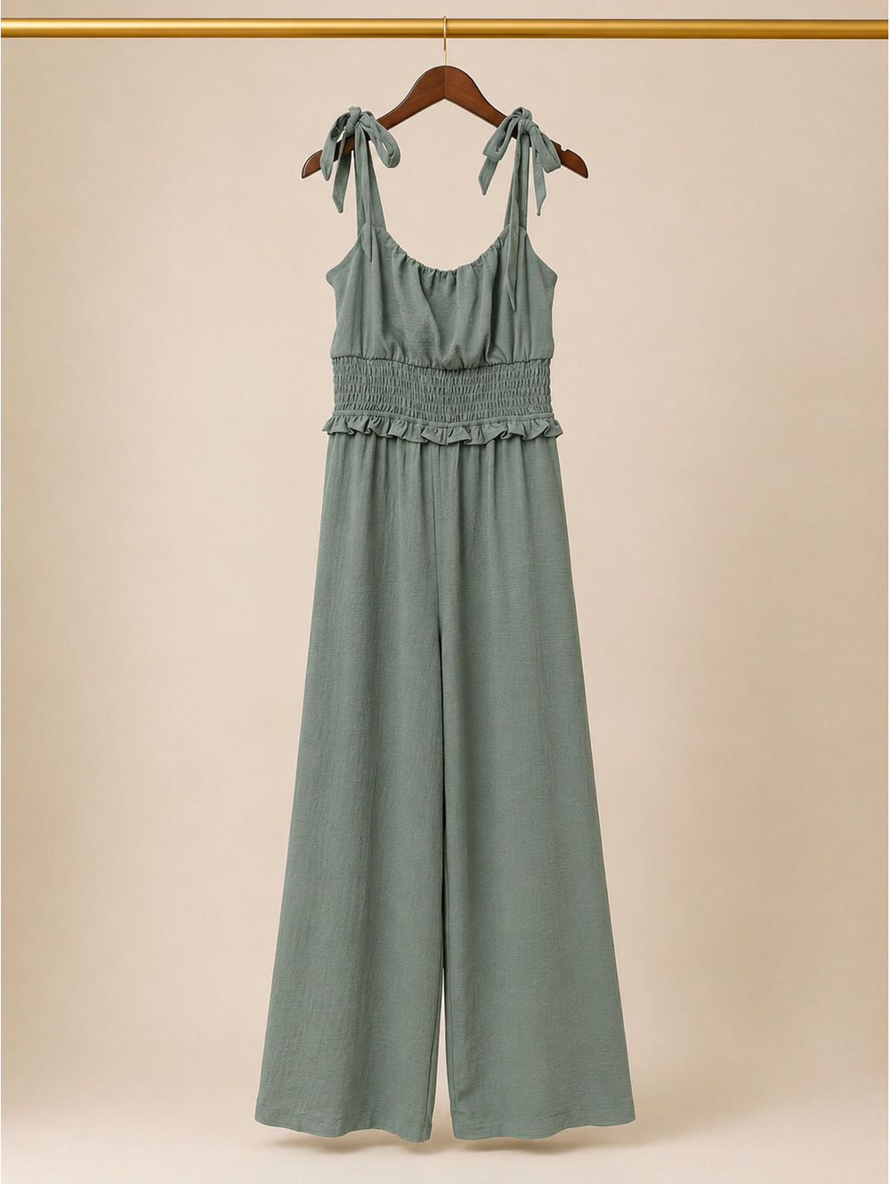 Monteau Los Angeles Tie-Shoulder Smocked Wide-Leg Jumpsuit - Sage Green (Small)